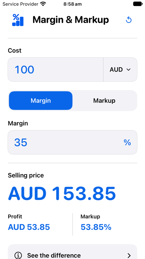 The iPhone app showing an example: AUD 100 cost, 35% margin, AUD 153.85 selling price and AUD 53.85 profit.